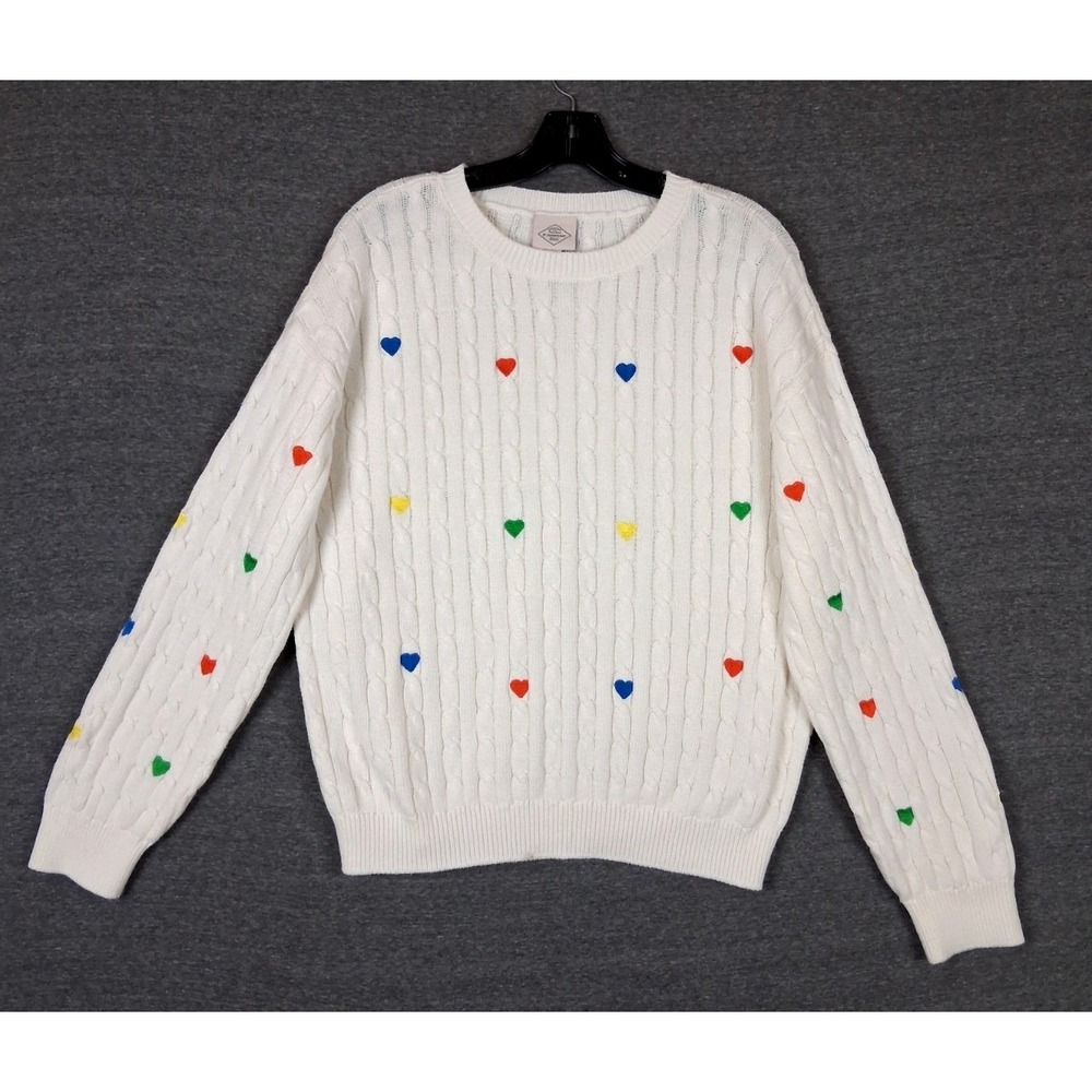 St Johns Bay Womens Sweater 2XL White Embroidered Heart Cable Soft Girl Preppy